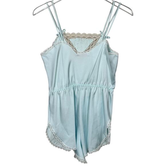 Vintage Brandwine Sleep Romper Teddy Small Blue Satin Lace USA Made High Cut Leg - Picture 2 of 8